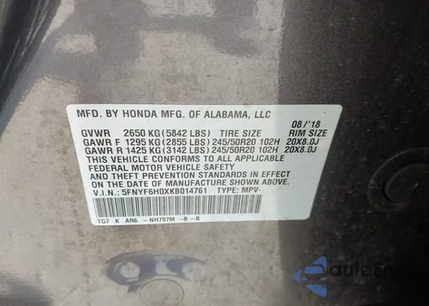 2019 Honda Pilot Elite from USA, damaged, VIN 5FNYF6H0XKB014761